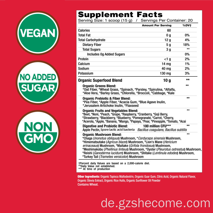 Bio -Energiepulverpilze Super Greens Berry Pulver